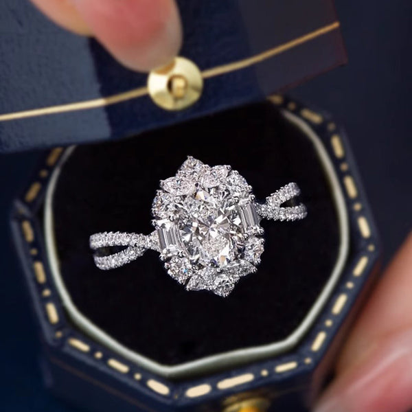 Luxury Moissanite Oval Dove Egg 5-Carat Diamond Ring, White Gold Cluster Zircon, Exquisite Elegance